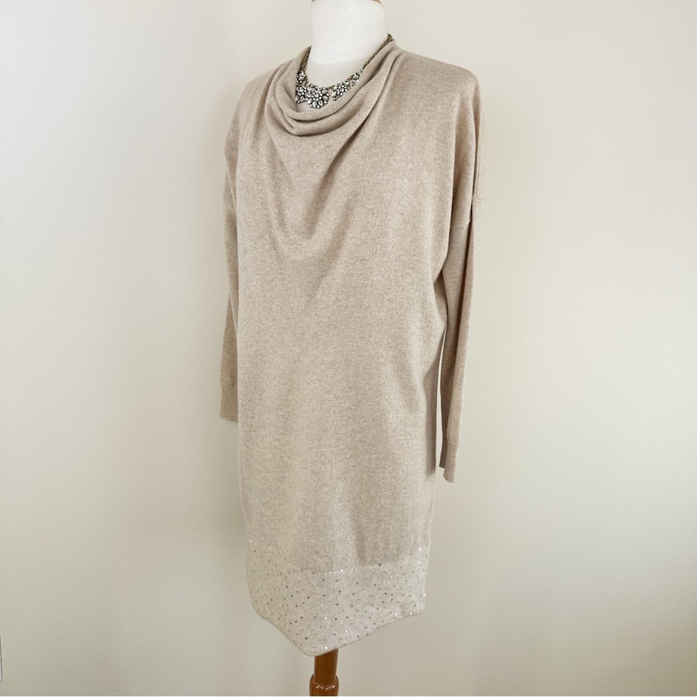 State Cashmere Tan Beige Sweater Dress Sequins Detail Size M